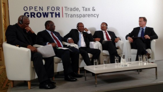 UK Prime Minister with Presidents of Ghana Senegal Guinea and Tanzania at G8 Event on Trade, Tax and Transparency.