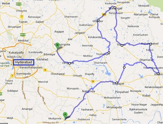 Route through Nalgonda, Khammam, and Warangal Districts